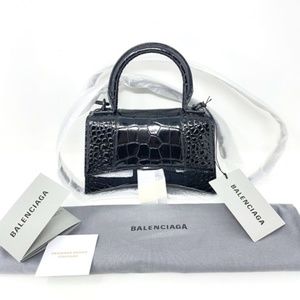 Brand new Balenciaga XS Hourglass Top Handle Croc Embossed Black Shoulder Bag